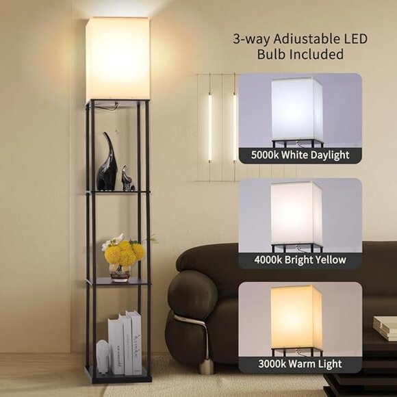 NEW Floor Lamp w/Shelves, Modern Square Standing Lamp w/3 Color Temperature Bulb - Picture 2 of 6